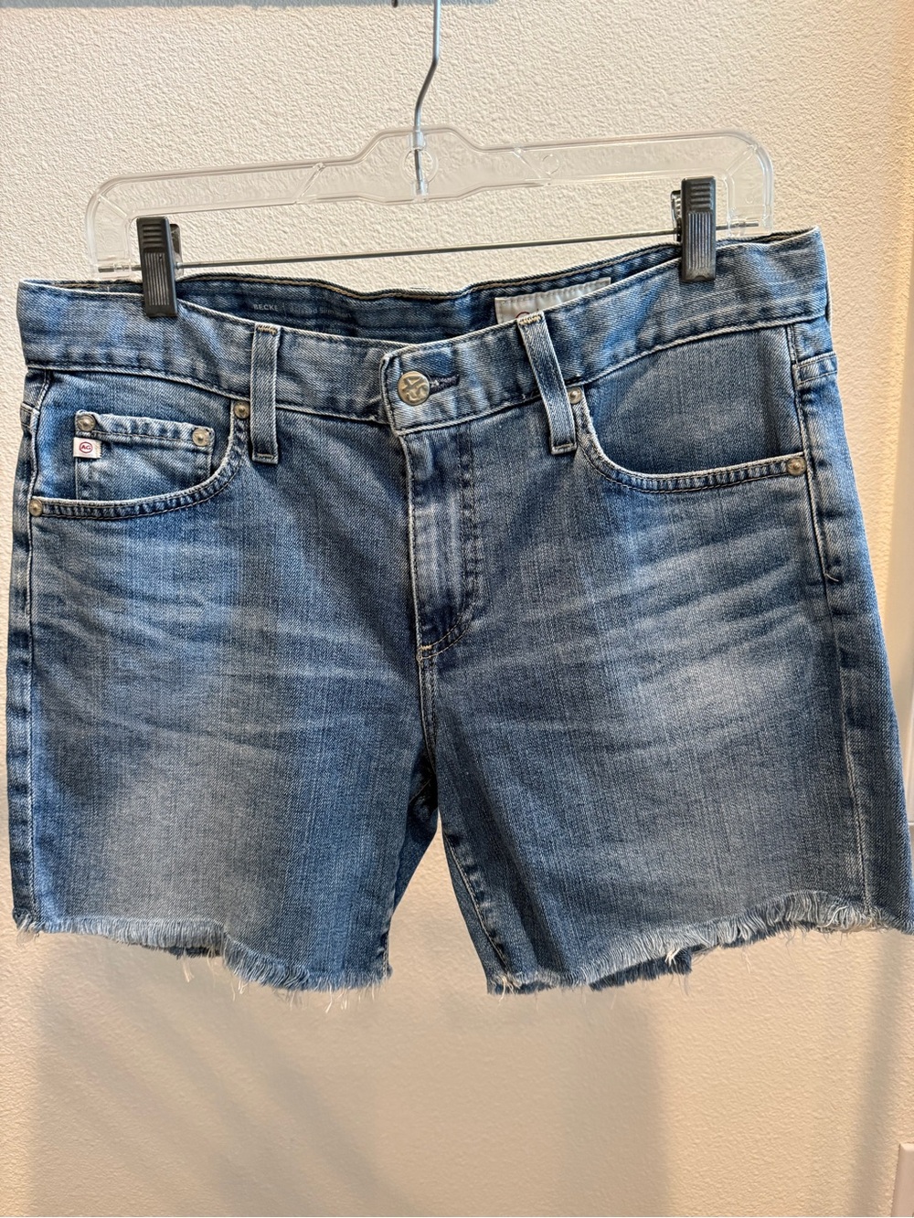 Ag Adriano Goldschmied Medium Blue Frayed Hem Denim Shorts